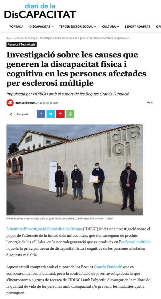 Notícia del diari de la disCAPACITAT: investigació sobre les causes que generen la discapacitat física i cognitiva en persones afectades per l'esclerosi múltiple